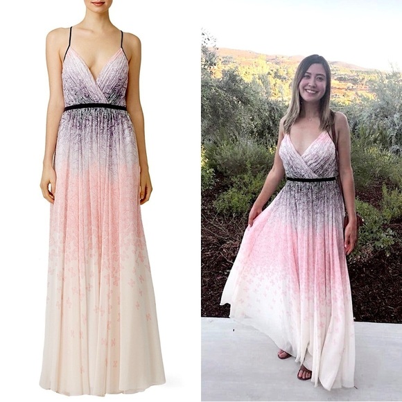 BADGLEY MISCHKA Ombre Butterfly Print Chiffon Pleated V-Neck Sleeveless Gown 4 - Picture 1 of 8